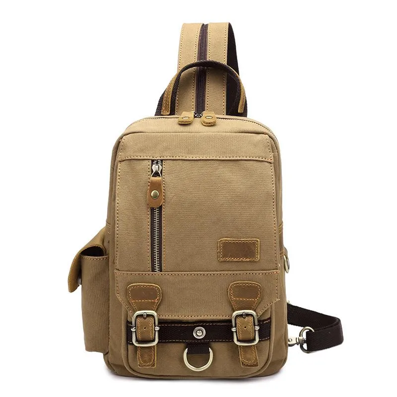 Canvas Leather Mens Mini Sling Bag Khaki Backpack One Shoulder Bag Green for Men