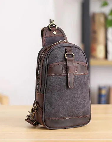 Canvas Leather Mens Sling Bag Green Chest Bag One Shoulder Backpack for Men