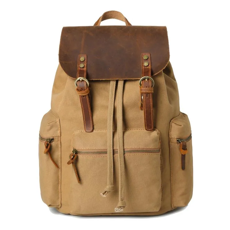 Canvas Leather Women Mens 16" Gray Travel Backpack Brown Computer Bag College Backpack for Men