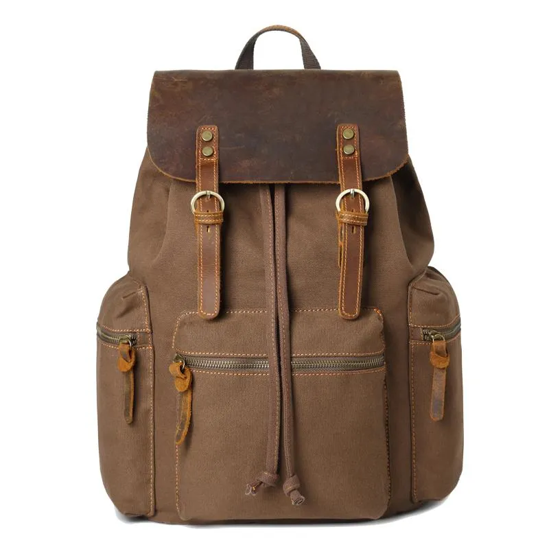 Canvas Leather Women Mens 16" Gray Travel Backpack Brown Computer Bag College Backpack for Men