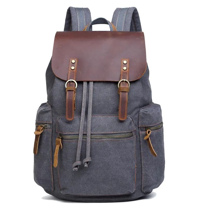 Canvas Leather Women Mens 16" Gray Travel Backpack Brown Computer Bag College Backpack for Men