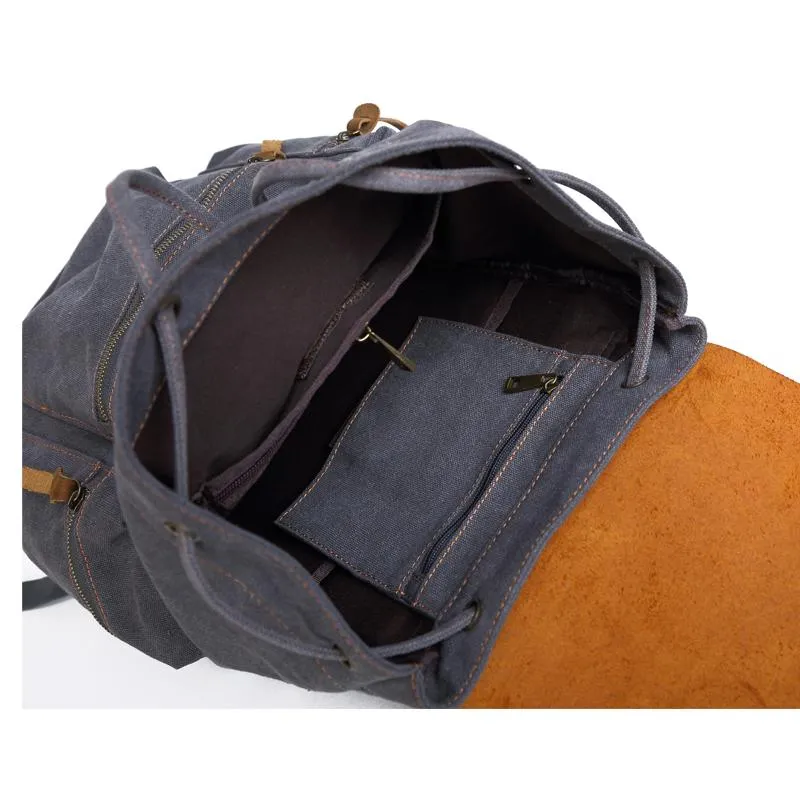 Canvas Leather Women Mens 16" Gray Travel Backpack Brown Computer Bag College Backpack for Men