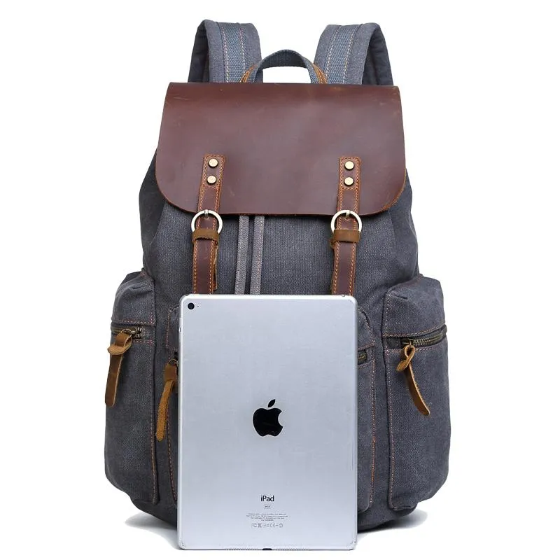 Canvas Leather Women Mens 16" Gray Travel Backpack Brown Computer Bag College Backpack for Men