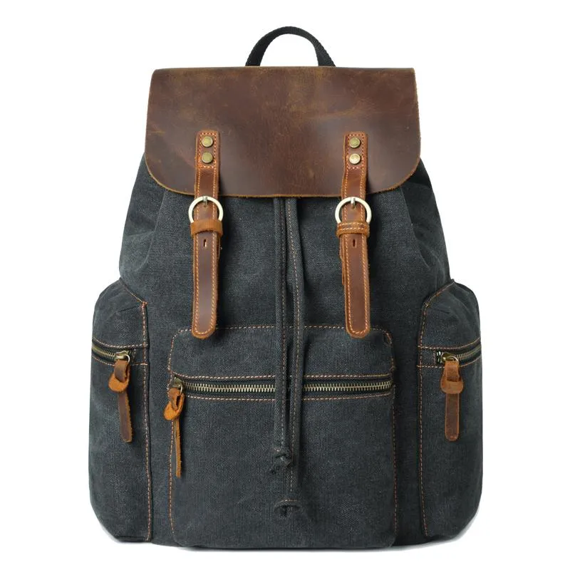 Canvas Leather Women Mens 16" Gray Travel Backpack Brown Computer Bag College Backpack for Men