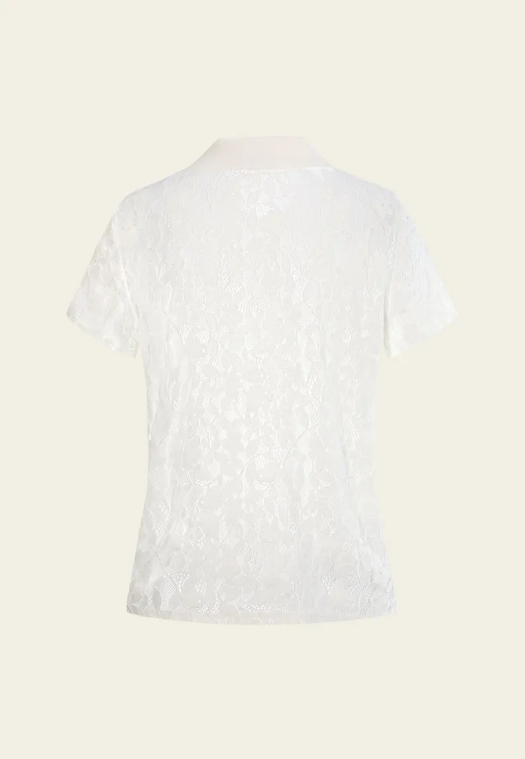 Cap-sleeve Crystal-button Lace Polo Shirt