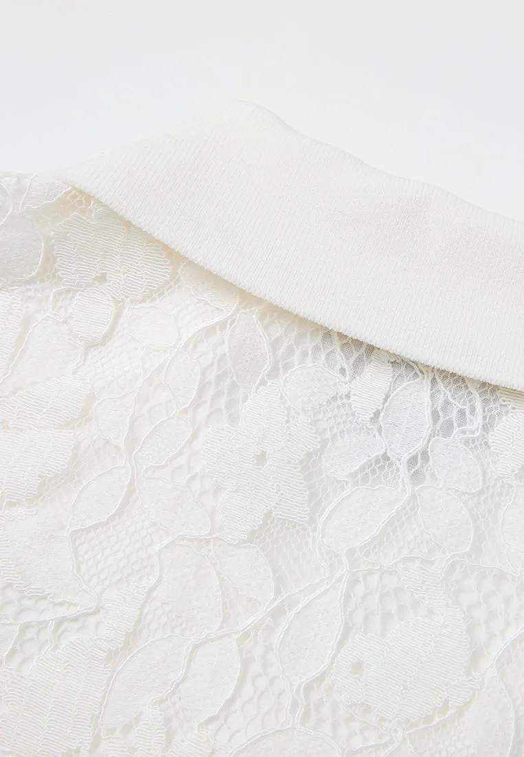 Cap-sleeve Crystal-button Lace Polo Shirt