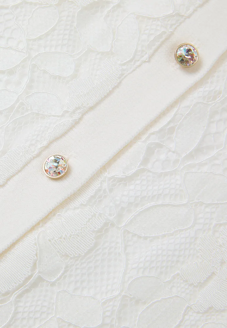 Cap-sleeve Crystal-button Lace Polo Shirt
