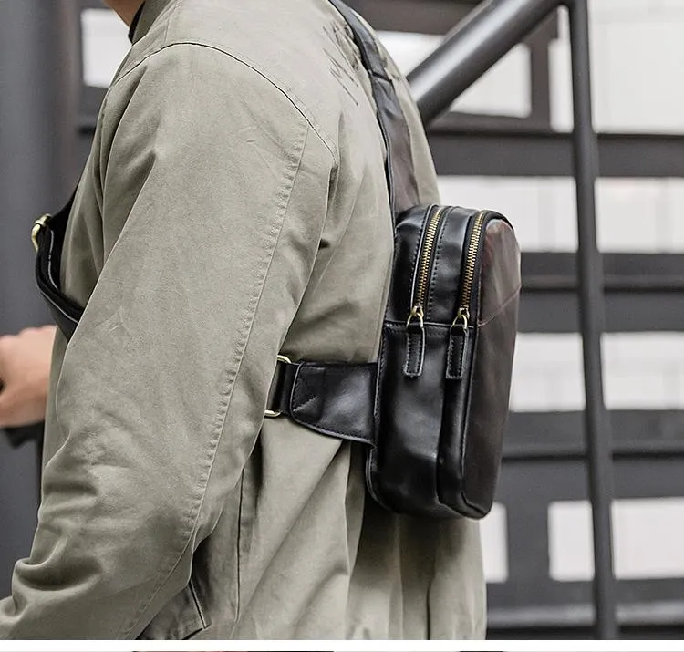 Casual Black Leather Mens Sling Bag Chest Bag Black Sling Shoulder Bag One Shoulder Backpack for Men