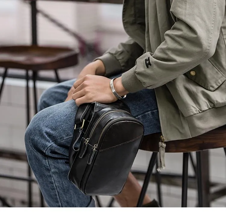 Casual Black Leather Mens Sling Bag Chest Bag Black Sling Shoulder Bag One Shoulder Backpack for Men