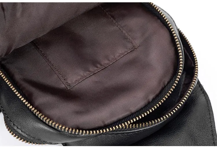 Casual Black Leather Mens Sling Bag Chest Bag Black Sling Shoulder Bag One Shoulder Backpack for Men