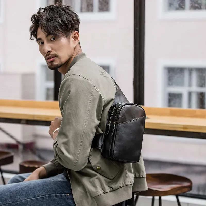 Casual Black Leather Mens Sling Bag Chest Bag Black Sling Shoulder Bag One Shoulder Backpack for Men