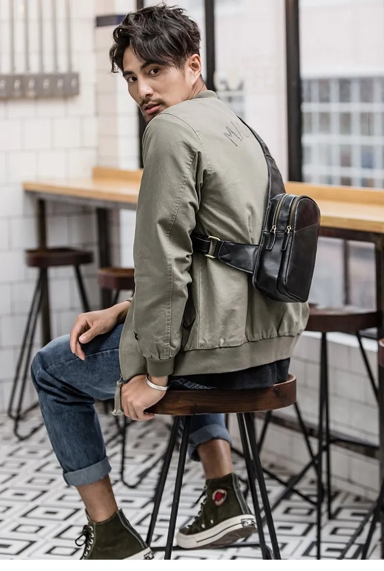 Casual Black Leather Mens Sling Bag Chest Bag Black Sling Shoulder Bag One Shoulder Backpack for Men