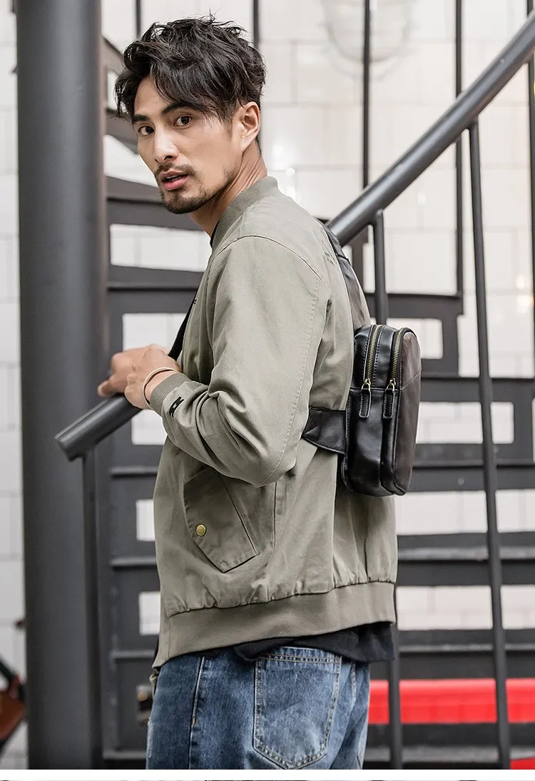 Casual Black Leather Mens Sling Bag Chest Bag Black Sling Shoulder Bag One Shoulder Backpack for Men