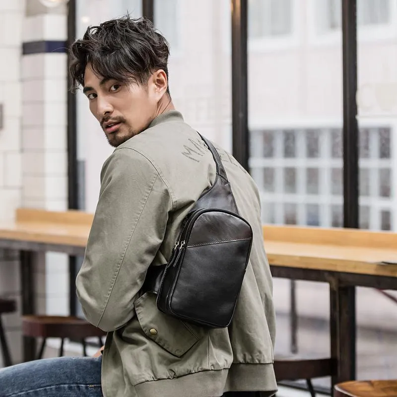 Casual Black Leather Mens Sling Bag Chest Bag Black Sling Shoulder Bag One Shoulder Backpack for Men