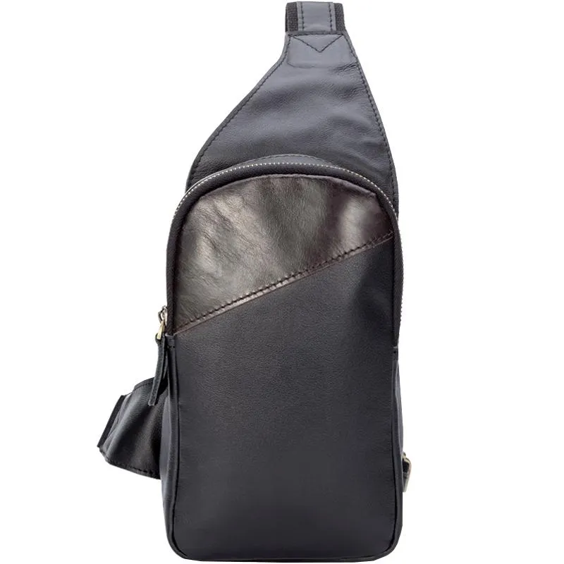 Casual Black Leather Mens Sling Bag Chest Bag Black Sling Shoulder Bag One Shoulder Backpack for Men