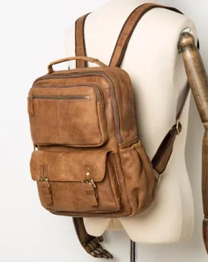 Casual Brown Leather Mens 14 inches Travel School Backpacks Computer Backpack for Men