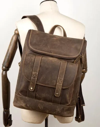 Casual Brown Mens Leather 15-inch Computer Backpacks Brown Travel Backpack School Backpacks for men