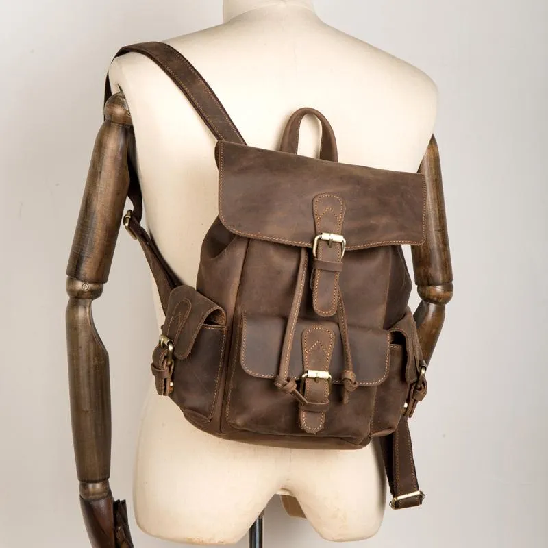 Casual Dark Brown Leather Mens 12 inches Laptop Backpack Leather school Backpack for Men