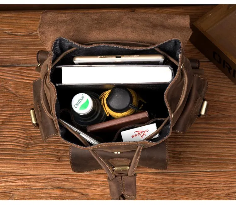Casual Dark Brown Leather Mens 12 inches Laptop Backpack Leather school Backpack for Men