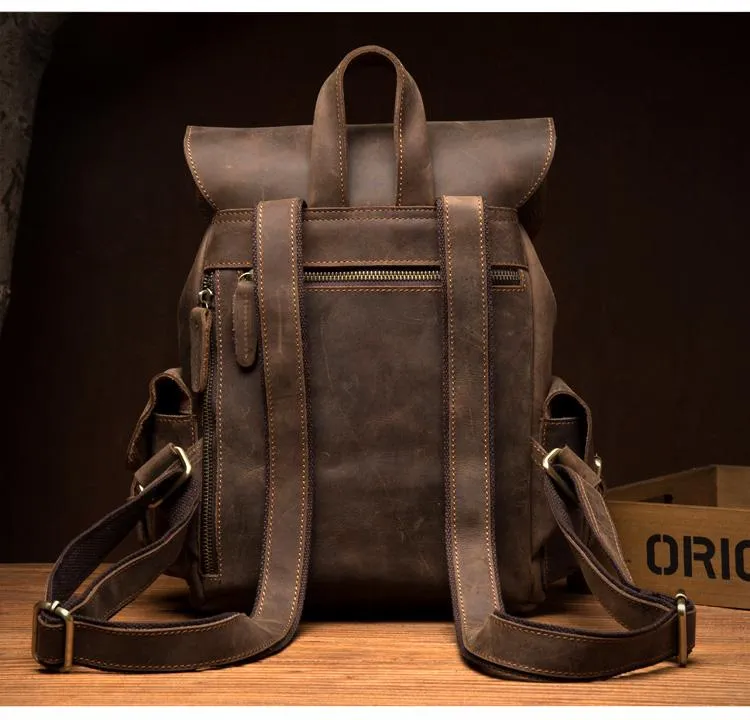 Casual Dark Brown Leather Mens 12 inches Laptop Backpack Leather school Backpack for Men
