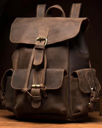 Casual Dark Brown Leather Mens 12 inches Laptop Backpack Leather school Backpack for Men