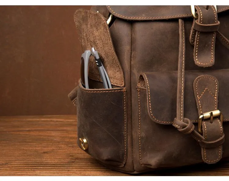 Casual Dark Brown Leather Mens 12 inches Laptop Backpack Leather school Backpack for Men
