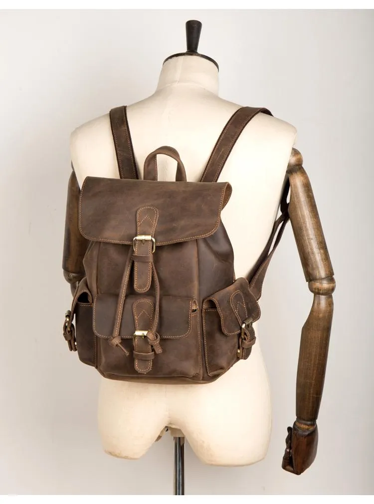 Casual Dark Brown Leather Mens 12 inches Laptop Backpack Leather school Backpack for Men