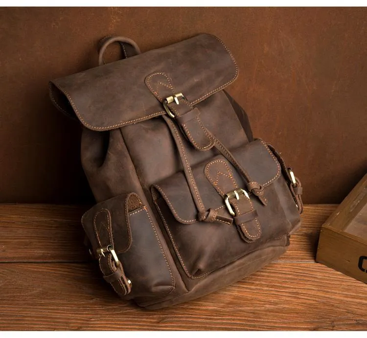 Casual Dark Brown Leather Mens 12 inches Laptop Backpack Leather school Backpack for Men