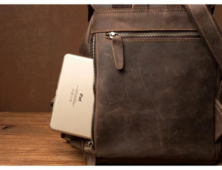 Casual Dark Brown Leather Mens 12 inches Laptop Backpack Leather school Backpack for Men
