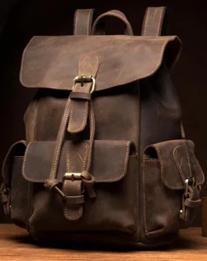 Casual Dark Brown Leather Mens 12 inches Laptop Backpack Leather school Backpack for Men
