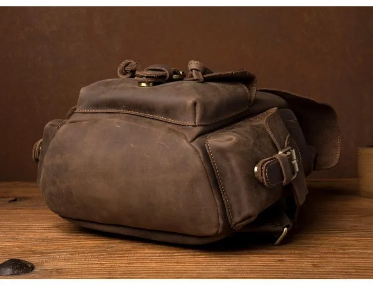 Casual Dark Brown Leather Mens 12 inches Laptop Backpack Leather school Backpack for Men