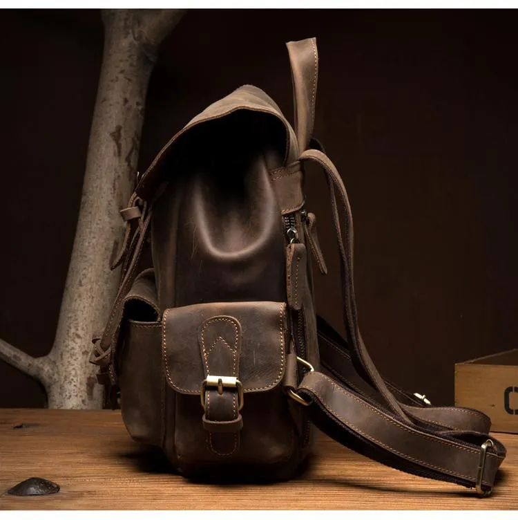 Casual Dark Brown Leather Mens 12 inches Laptop Backpack Leather school Backpack for Men