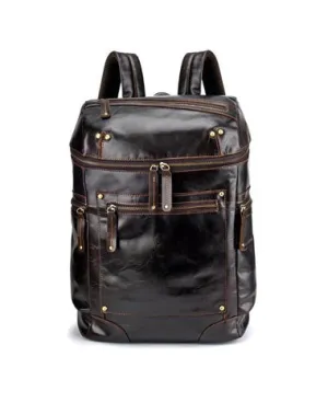 Casual Leather Mens 14inch Laptop Backpack School Backpack Barrel Travel Backpack for Men