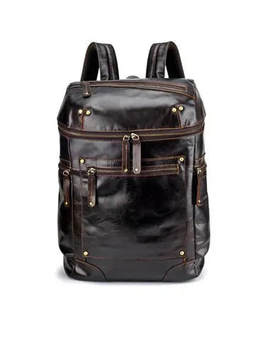 Casual Leather Mens 14inch Laptop Backpack School Backpack Barrel Travel Backpack for Men