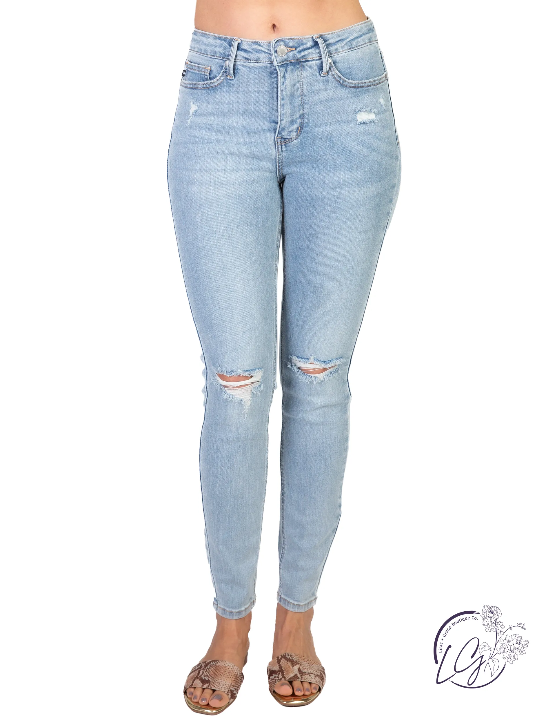 Celeste Mid-Rise Tummy Control Distressed Jeans by Judy Blue