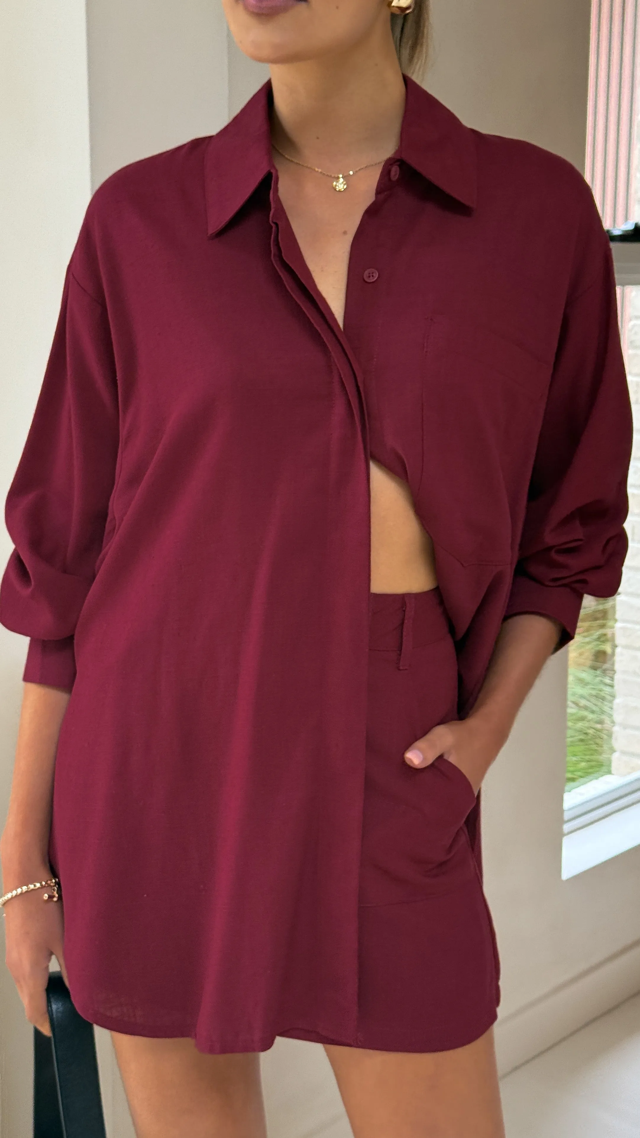 Charla Button Up Top - Burgundy
