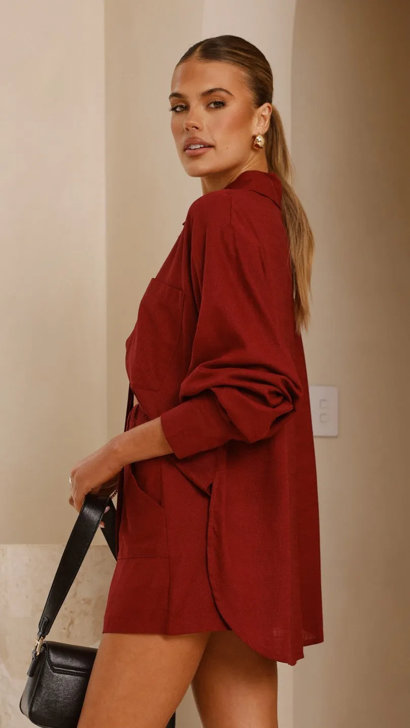 Charla Button Up Top - Burgundy