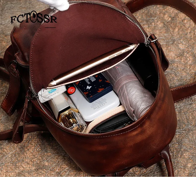 Classic Brown Leather Rucksack Womens Compact Leather Backpack Ladies Backpack Purses