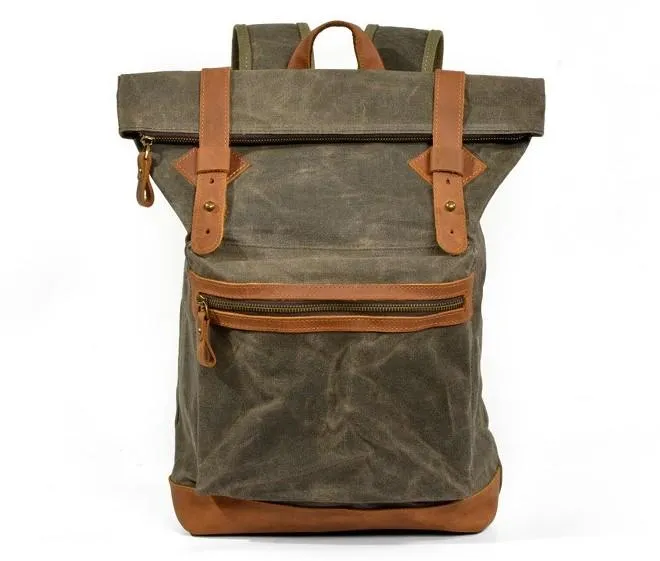Coffee Waxed Canvas Leather Mens Cool Backpack Canvas Travel Backpack Canvas School Backpack for Men