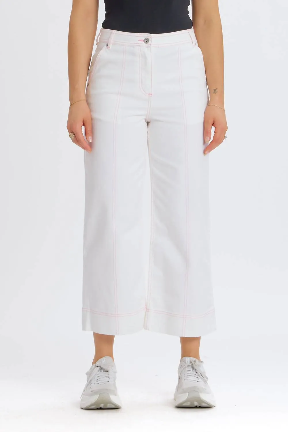 Contrast Stitch Cropped Wide Leg Denim Jeans In White
