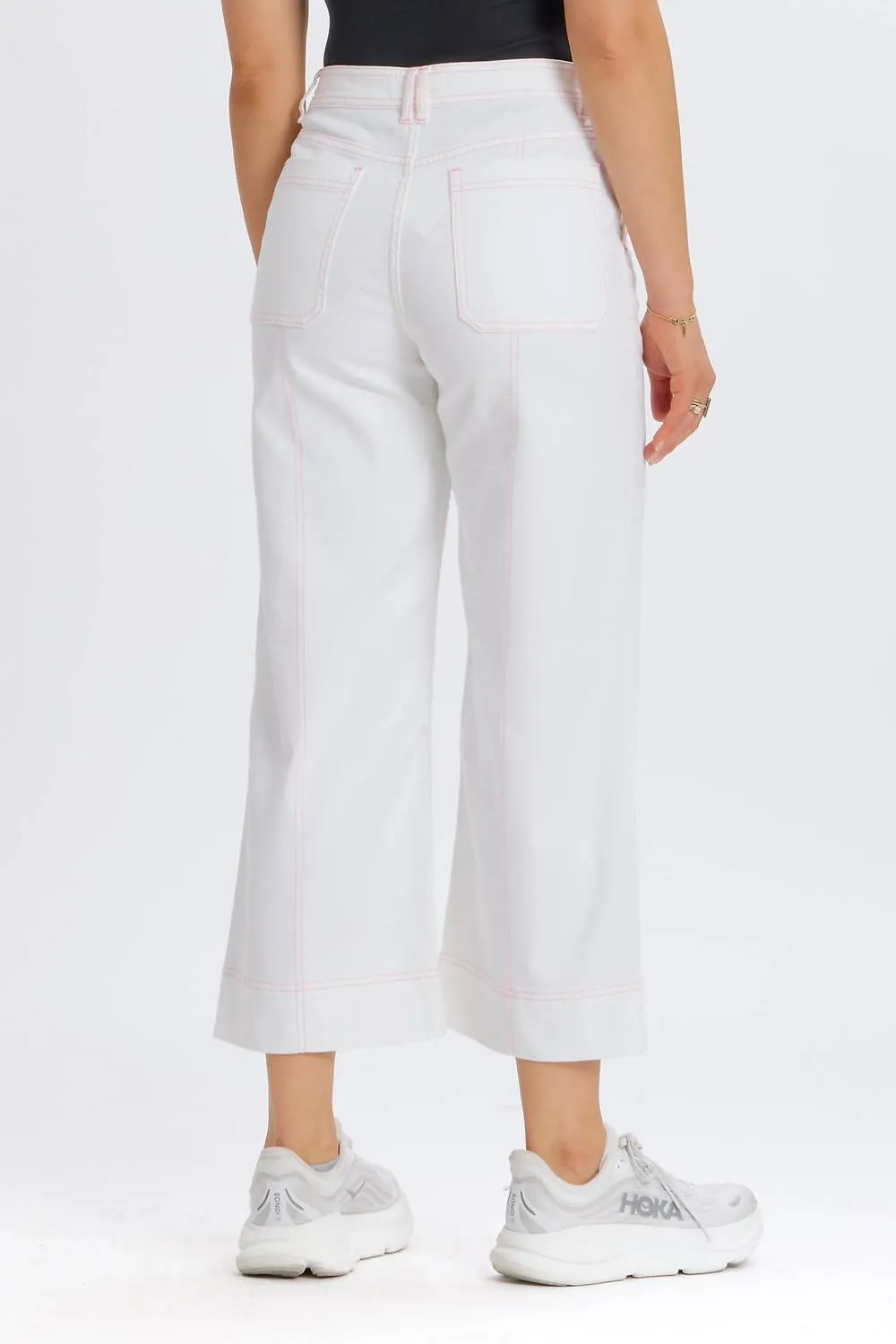 Contrast Stitch Cropped Wide Leg Denim Jeans In White