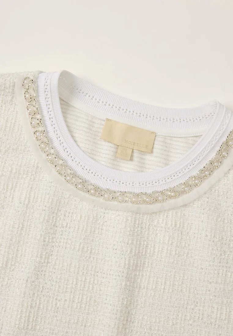 Contrasting Ribbed-trim Embellished Cap-sleeve Shirt