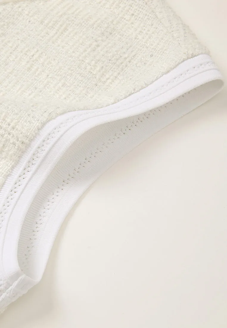 Contrasting Ribbed-trim Embellished Cap-sleeve Shirt