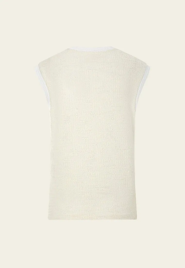 Contrasting Ribbed-trim Embellished Cap-sleeve Shirt