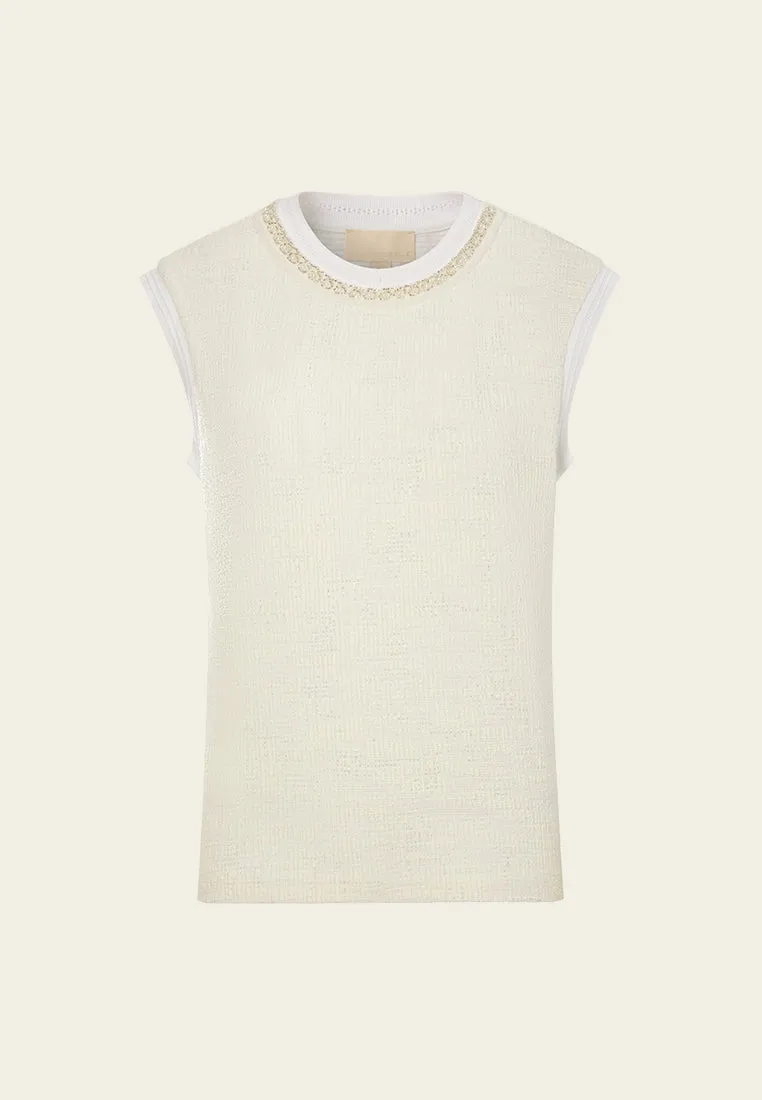 Contrasting Ribbed-trim Embellished Cap-sleeve Shirt