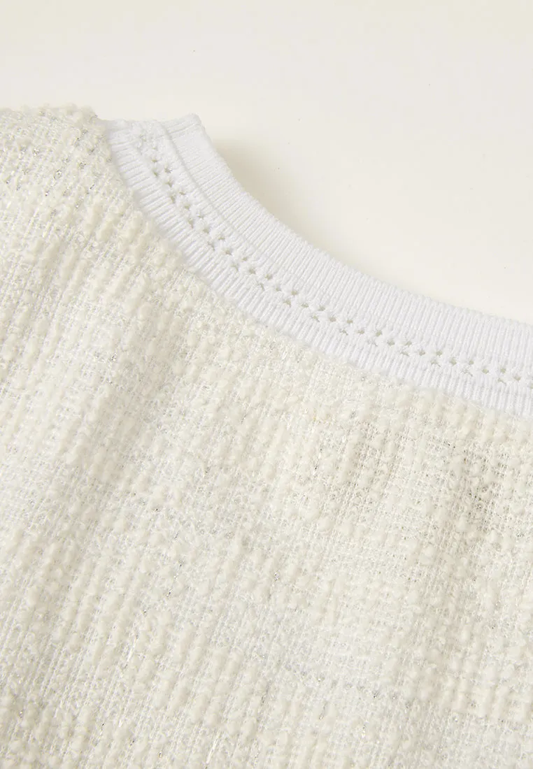 Contrasting Ribbed-trim Embellished Cap-sleeve Shirt