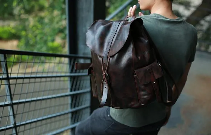 Cool Black Coffee Mens Leather Backpack Travel Backpack School Backpacks for men