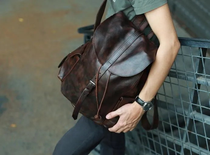 Cool Black Coffee Mens Leather Backpack Travel Backpack School Backpacks for men