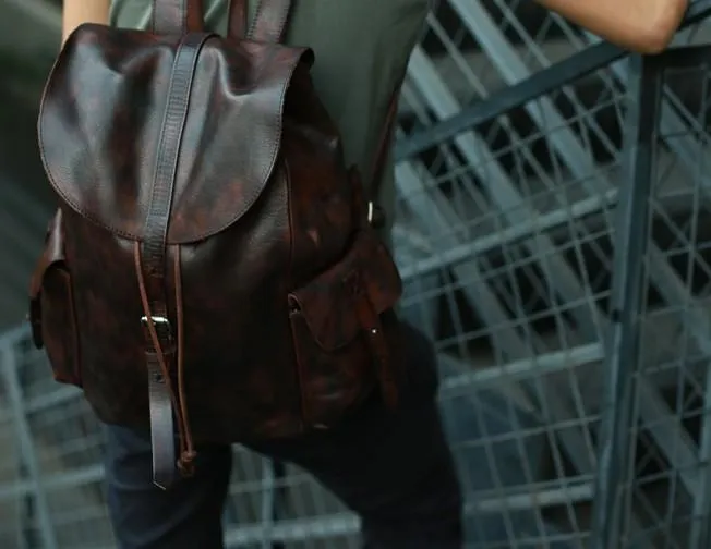 Cool Black Coffee Mens Leather Backpack Travel Backpack School Backpacks for men