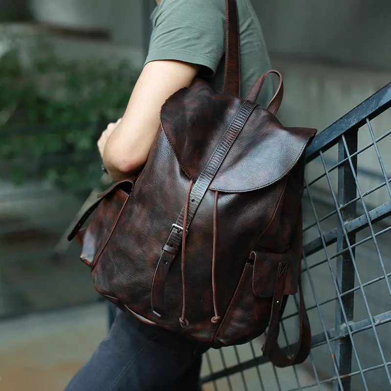 Cool Black Coffee Mens Leather Backpack Travel Backpack School Backpacks for men
